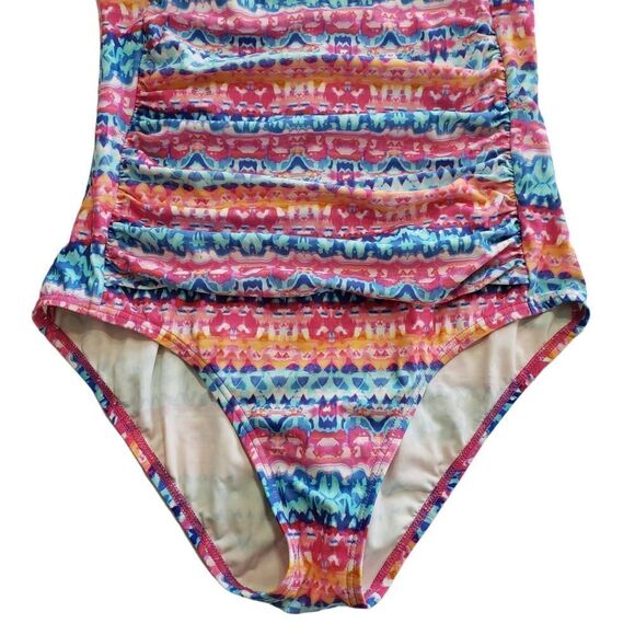 Emerald Bay Multicolored Twist-Front Side Ruched One Piece Swimsuit Size 12 - Picture 4 of 13